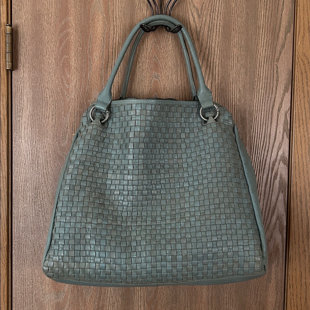 Large Woven Leather Sage Green Bag—“Made in India”—16x14x6–Like New Condition